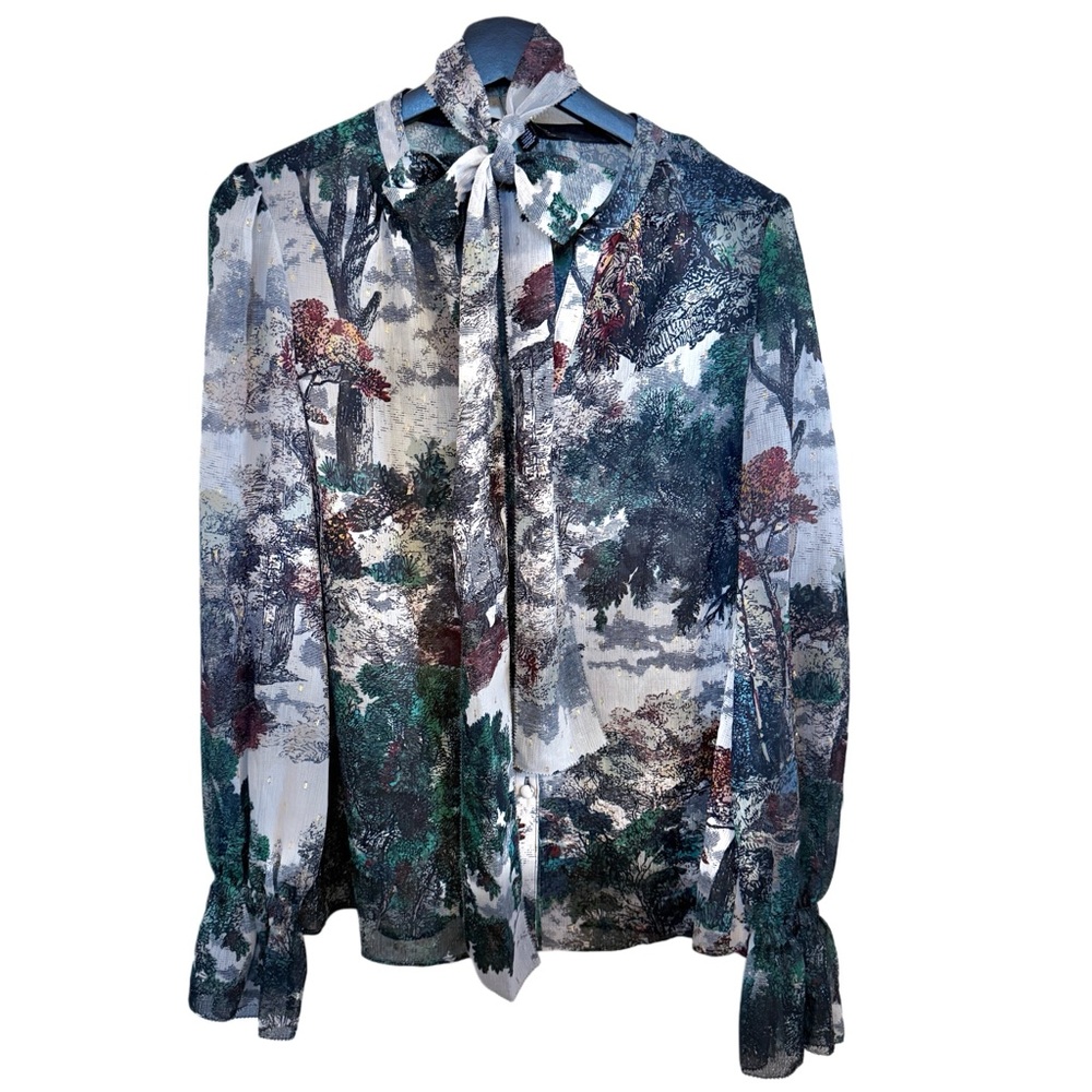 White House Black Market Forest Art Print Tie Neck Blouse Sheer Metallic Small
